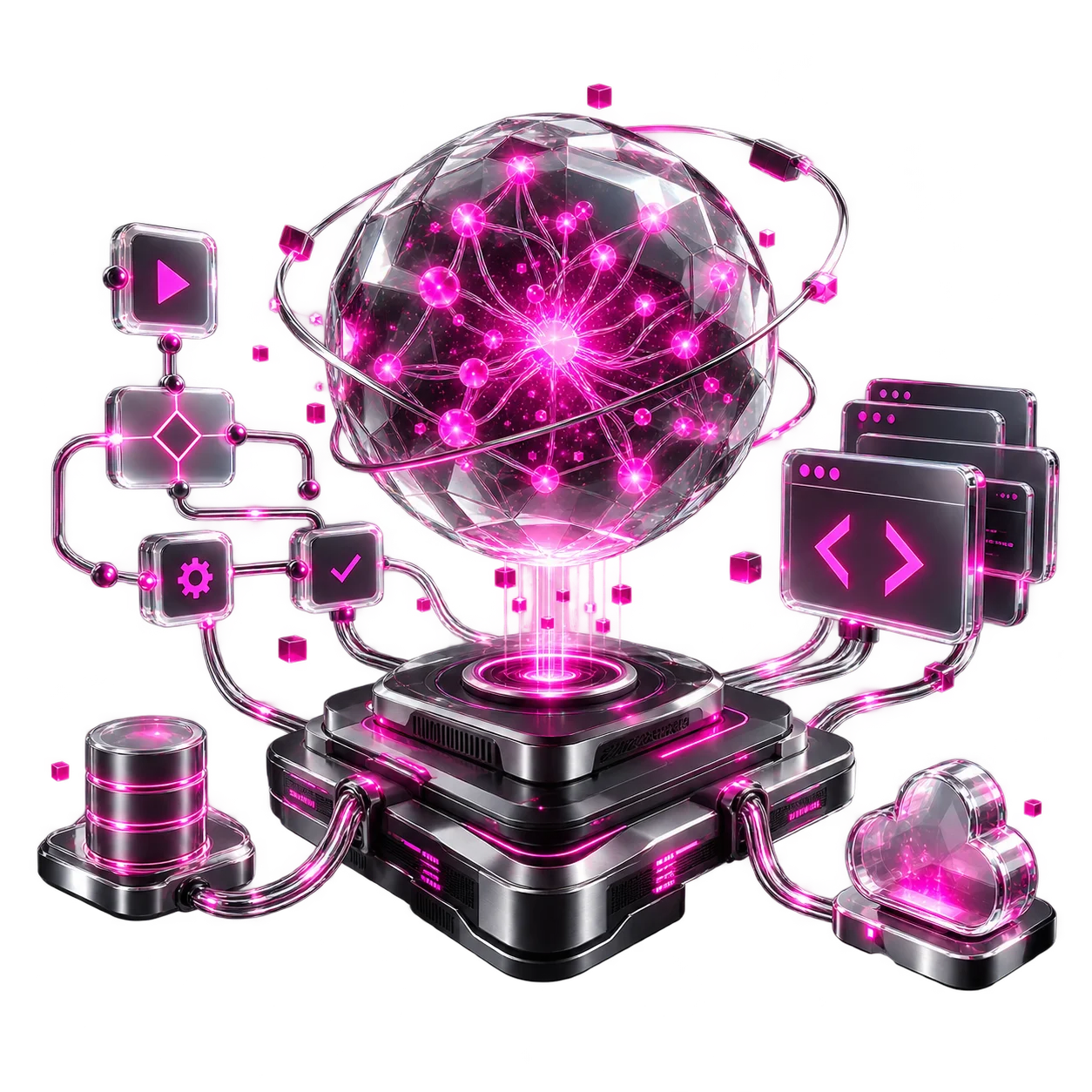 Núcleo de inteligencia artificial conectado a flujos de automatización y módulos de software, con circuitos iluminados en fucsia.