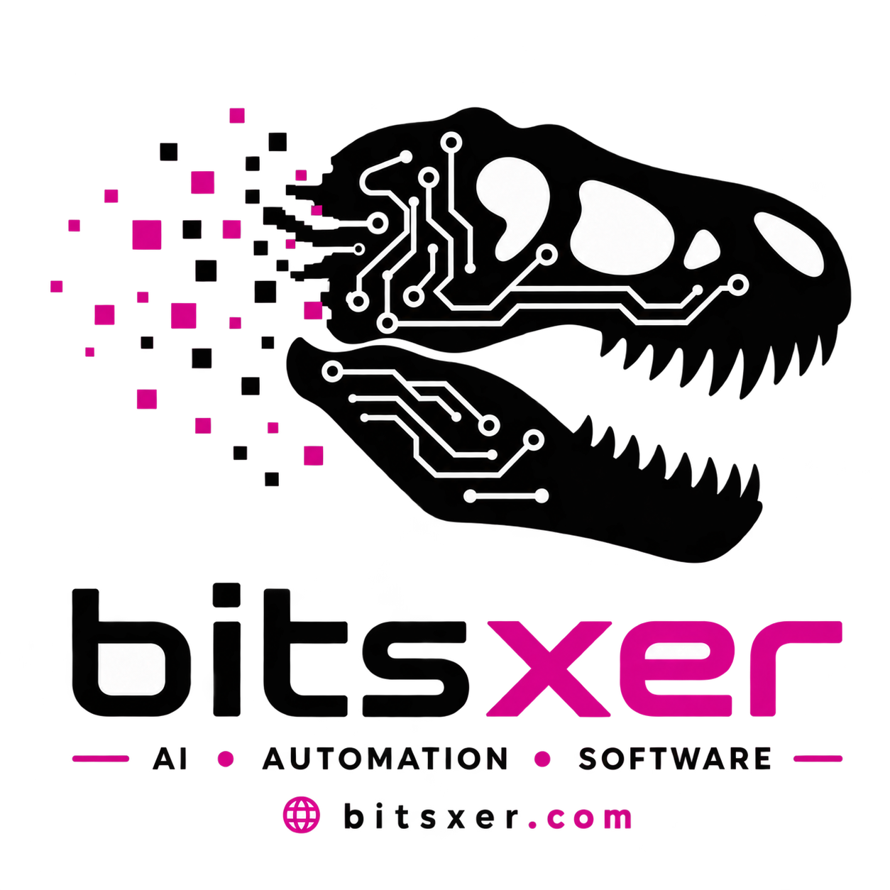 Logo de Bitsxer con un T-Rex digital formado por circuitos